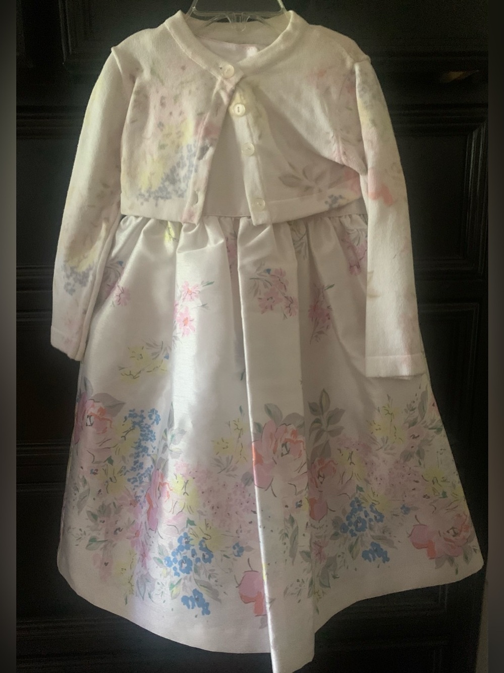 Pastourelle Girls Floral Satin Dress with Knit Bolero - Pink, Blue, Yellow